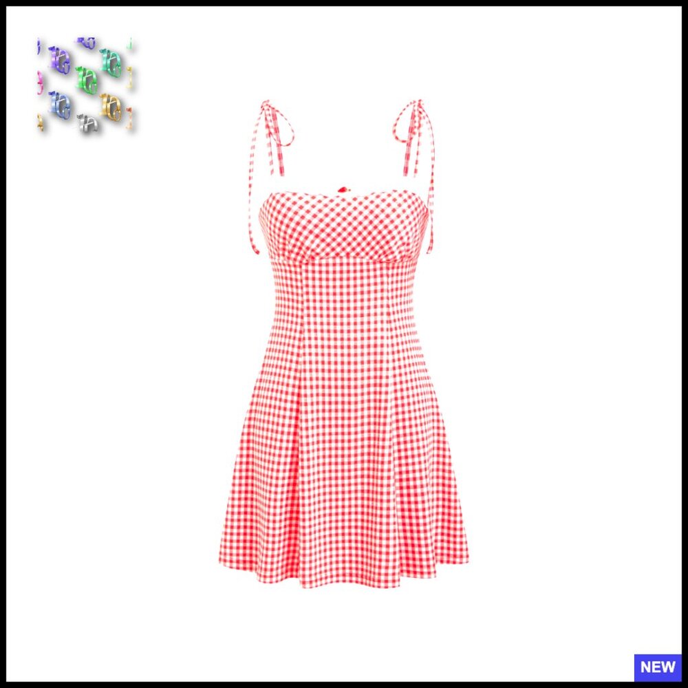 Summer Gingham Dress Plaid Tie Spaghetti Strap Sleeveless Lace Trim A Line Mini